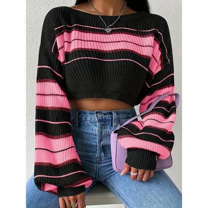 Block Striped Cropped Sweater Crew Neck Lantern Sleeve