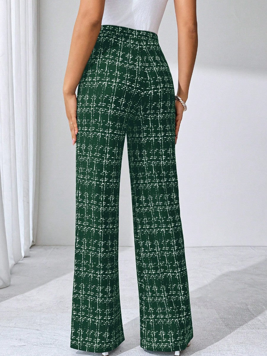 High Waist Woven Plaid Pants Straight Leg Trousers