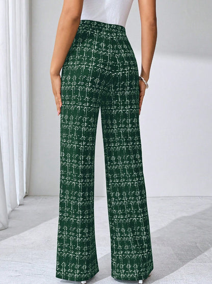 High Waist Woven Plaid Pants Straight Leg Trousers