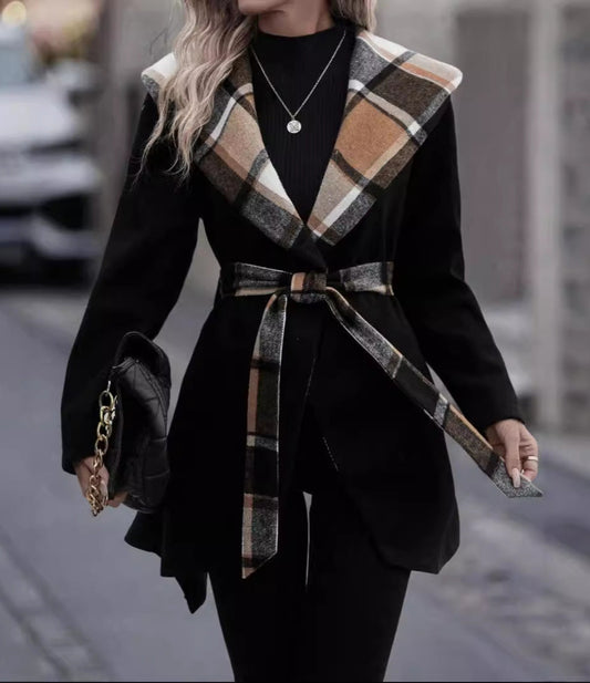 Lace-Up Plaid Color Block Wool Trench Coat