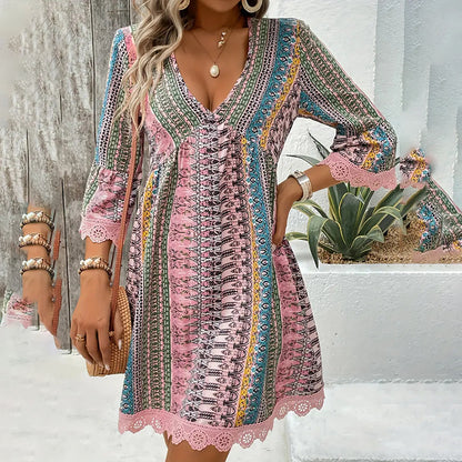 V-Neck Printed Summer Dress Lace Trim Boho Chic Sundress