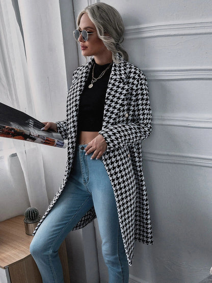 Mid-Length Houndstooth Double-Breasted Printed Jacket