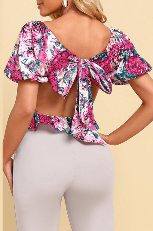 Printed Lace-Up Top Backless Puff Sleeve