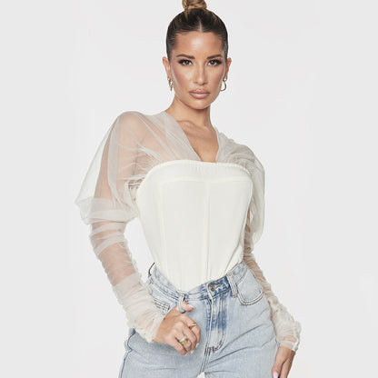 V-Neck Fashion Mesh Panel Puff Sleeve Slim Bodysuit
