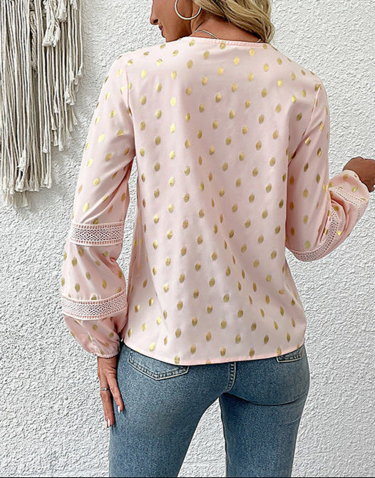 Polka Dot Blouse Hollow Lace Long Sleeve V-Neck
