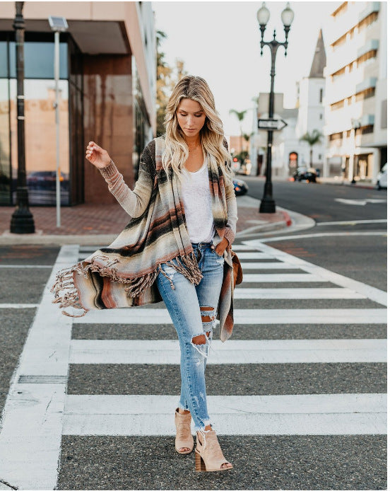 Plus Size Long Sleeve SweaterFringe Detail Long Knit
