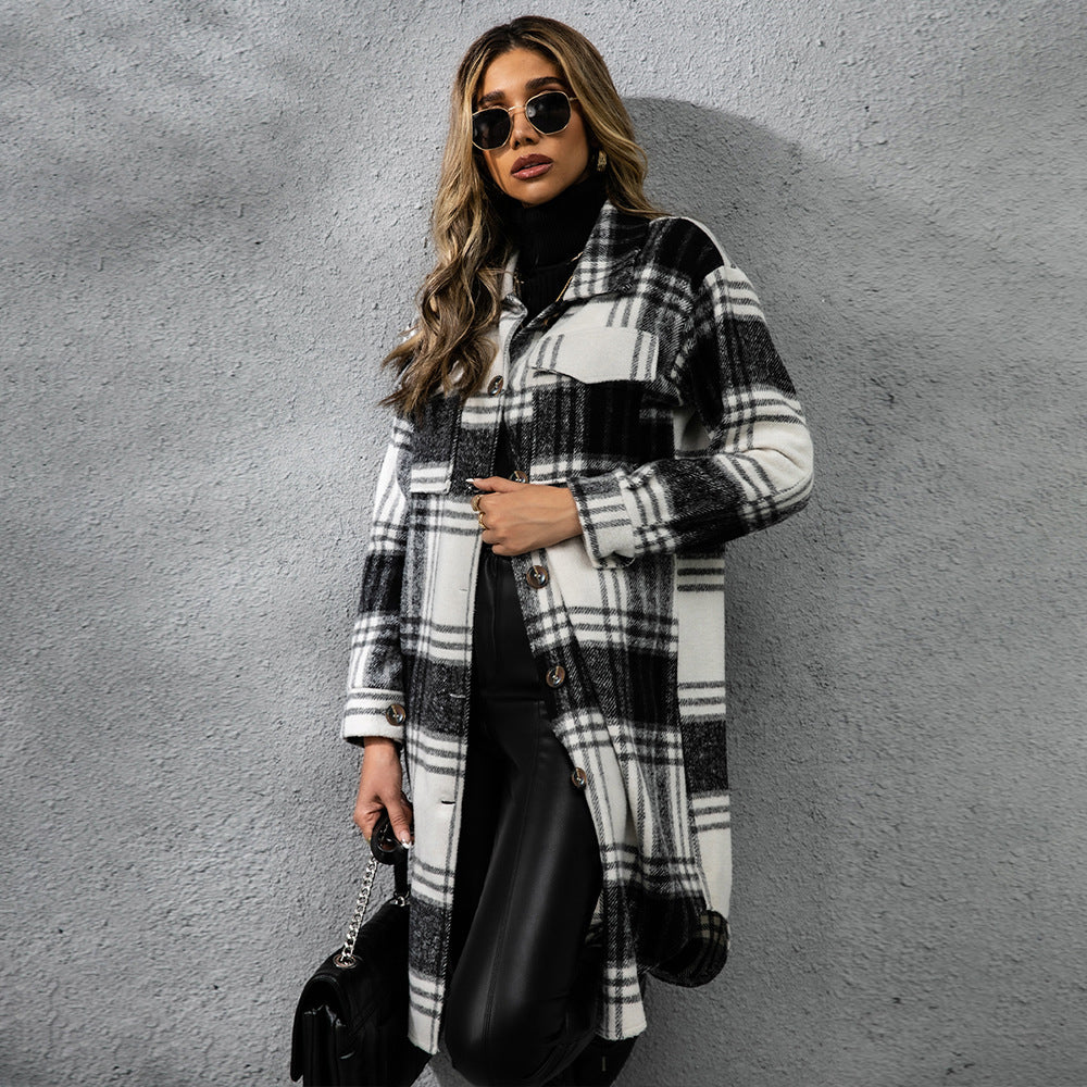 Plaid Wool Coat Single Row Button Long Winter Jacket