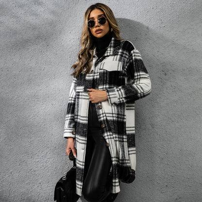 Plaid Wool Coat Single Row Button Long Winter Jacket