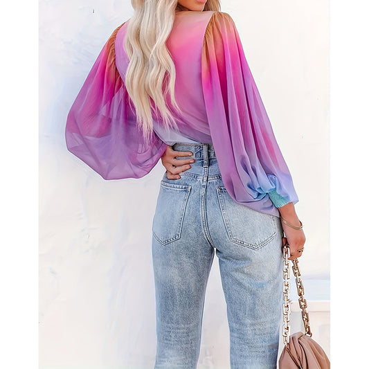 V-Neck Gradient Color Long Sleeve Blusa Loose Puff Sleeve Chiffon