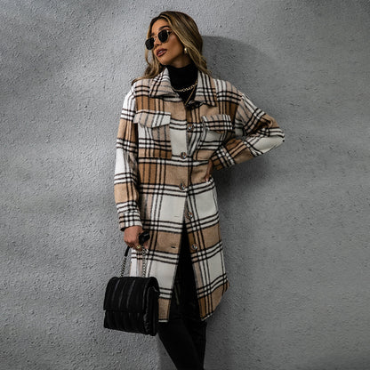 Plaid Wool Coat Single Row Button Long Winter Jacket