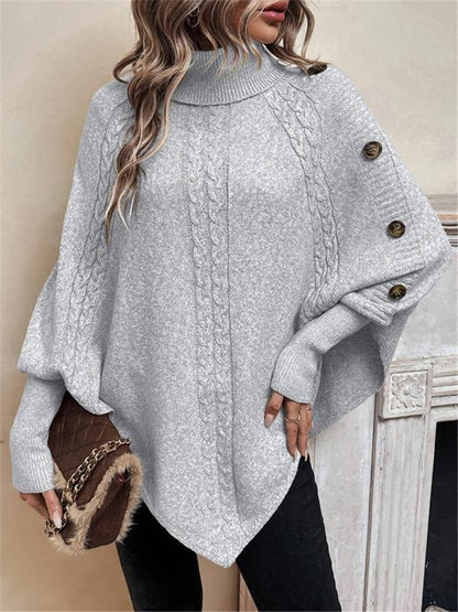 Turtleneck Batwing Shirt Long Sleeve Top with Decorative Buttons