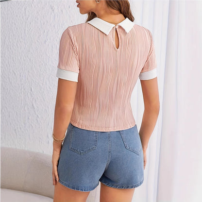 Contrast Collar Top Short Sleeve Blouse with White Lapel Detail