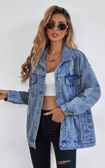 Button Blue Front Flap Pocket Drop Shoulder Denim Jacket