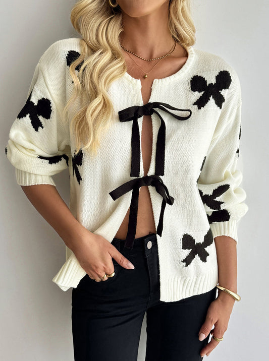 Lace-Up Cardigan Sweater Cute Bow Pattern