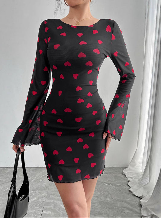 Heart Print Flare Sleeve Backless Mesh Dress