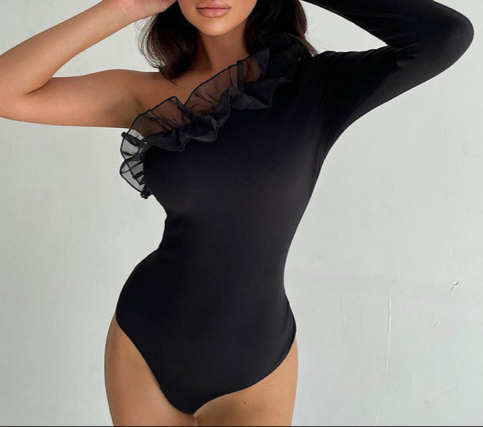 One-Shoulder Mesh Ruffle Bodysuit Slim Fit Slant