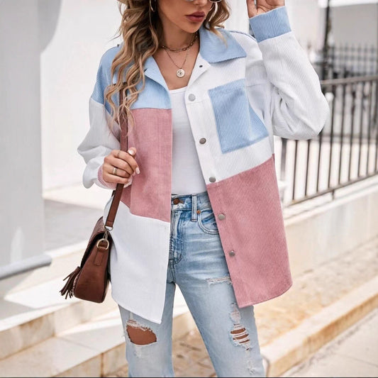 Corduroy Coat Color Block Rope Shirt Style with Patch Pockets & Drop Shoulders