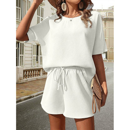 Sleeve Short-sleeved Crew-neck Top  Drawstring Design Shorts Fashion