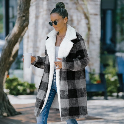 Solid Color Plaid Woolen Coat Elegant Winter