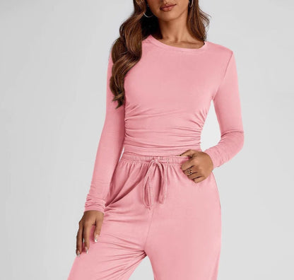 2-Piece Suit Long Sleeve Top & High-Waist Wide Leg Pants Solid