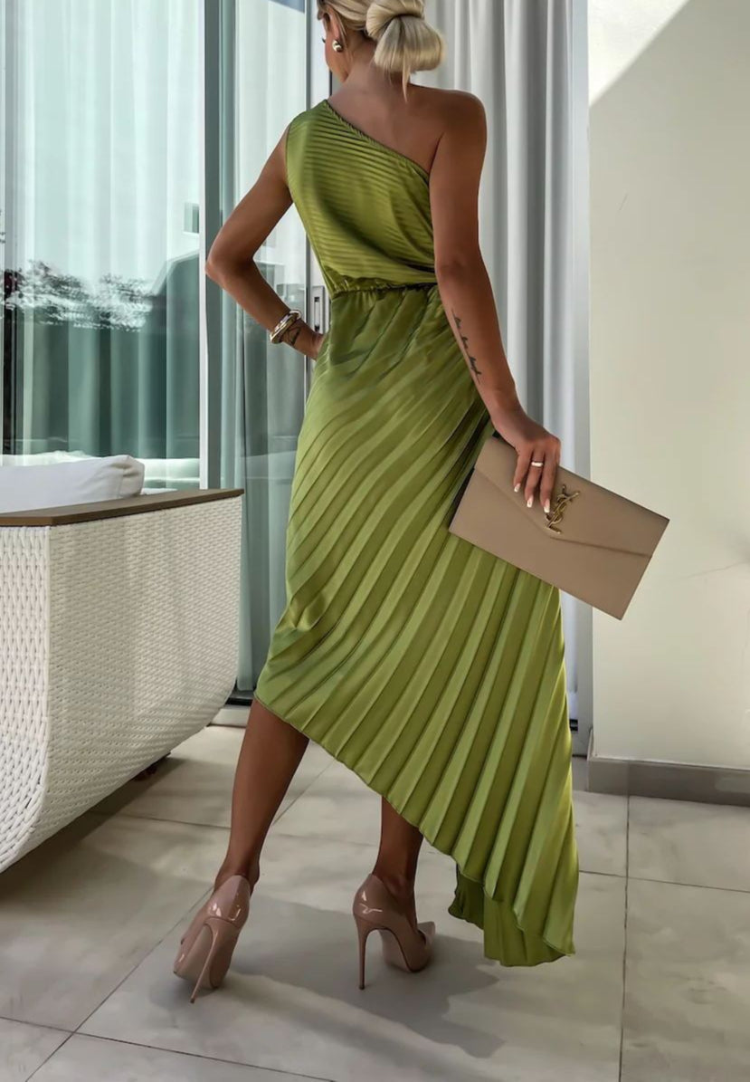 Pleated One-Shoulder Dress with Rose Flower Asymmetrical