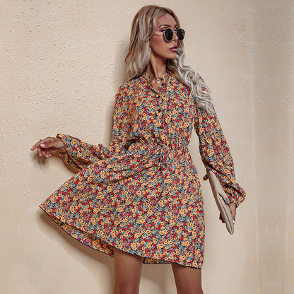 V-Neck High Waist Lace Floral Chiffon Dress Elegant