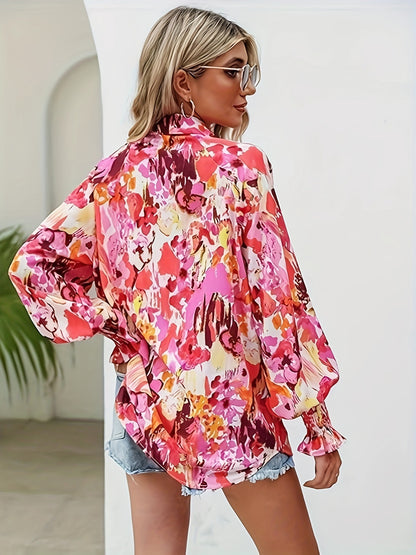 V-Neck Printed Top Lantern Sleeve Long Sleeve Shirt Blouse
