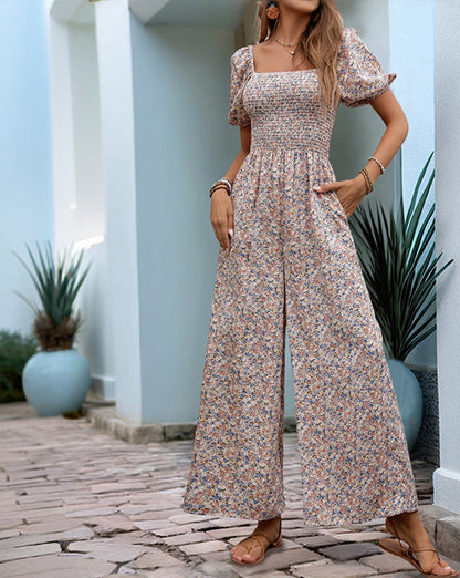Floral Jumpsuit Square Collar Puff Sleeve