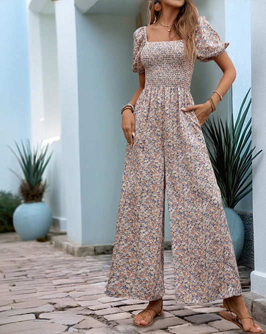 Floral Jumpsuit Square Collar Puff Sleeve