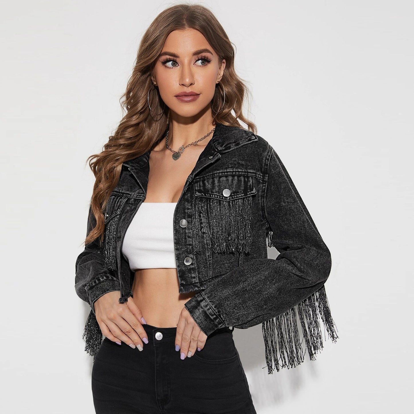 Fringe Detail Long Sleeve Cropped Denim Jacket