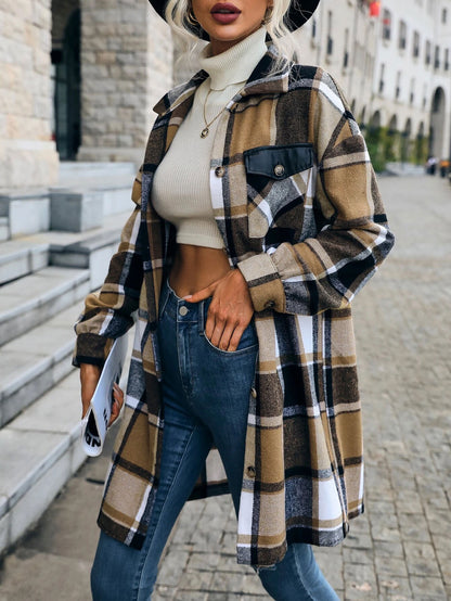 Plaid Jacket –Long Button-Up Coat with Pockets