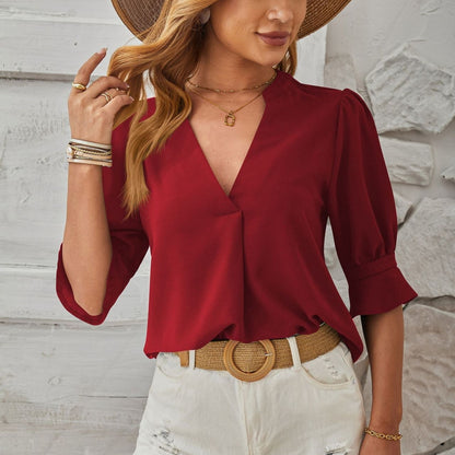 V-Neck Mid-Sleeve Casual Top – Comfortable & Breathable