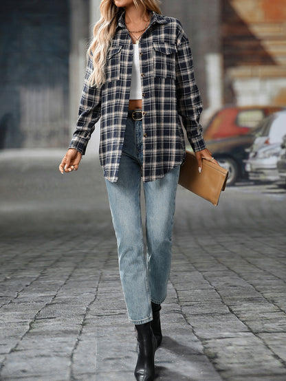 Loose Plaid Shirt Pocket Button
