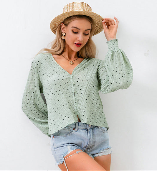 V-Neck Polka Dot Lantern Sleeve Loose Shirt Blouse