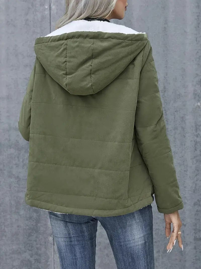Fleece-Lined Hooded Coat – Winter Preppy Long Sleeve Jacket with Pockets