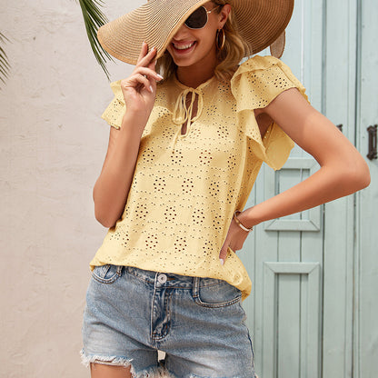 Chain Link Cutout Tie Round Neck Top