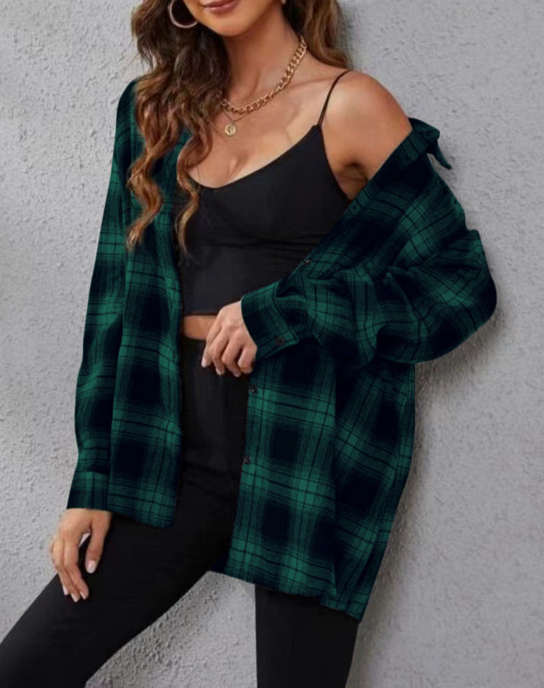 Plaid Cardigan Shirt Loose Fit Casual