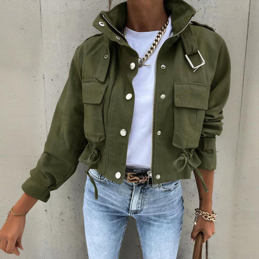 Stand Collar Long Sleeve Jacket Button & Zipper Short Coat with Pockets