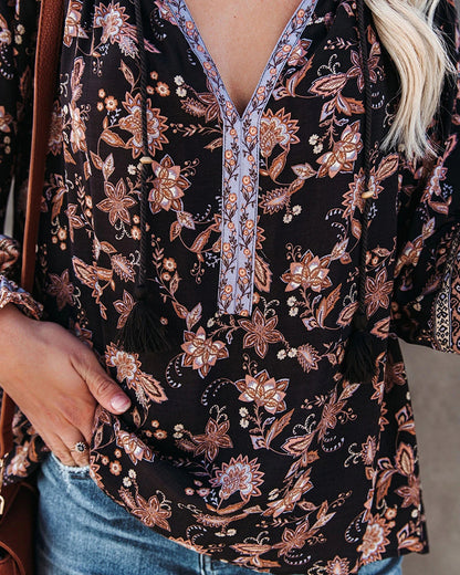 Printed V-Neck Lantern Sleeve Shirt Loose Long Sleeve Blouse