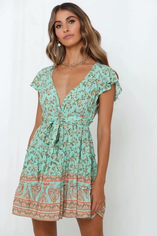 V-Neck Printed Dress Summer Floral Dress