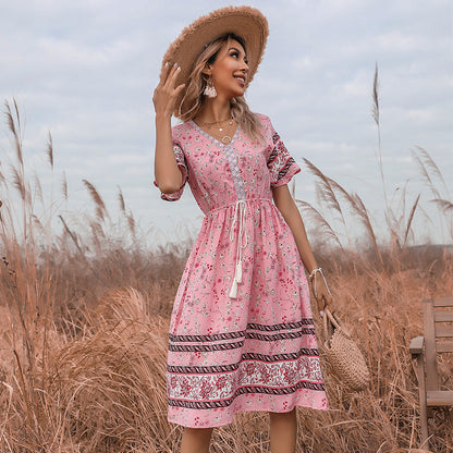 Floral Lace-Up Slim Fit Short-Sleeve V-Neck Dress