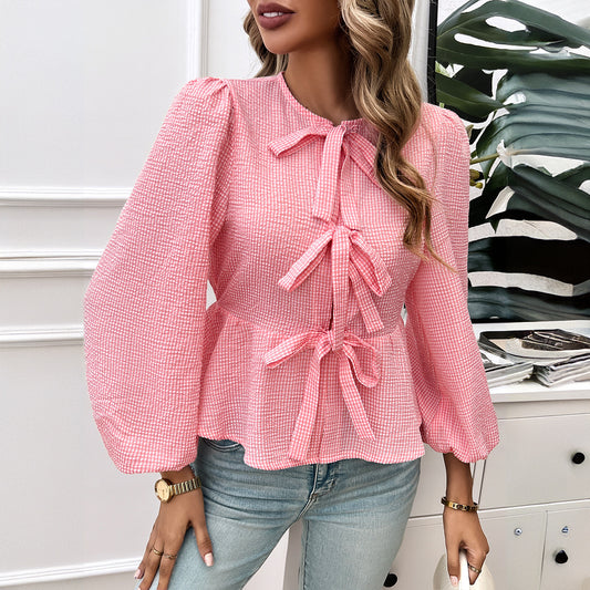 Elegant Contrast Color Tie Long Sleeve Shirt  Stylish Blouse
