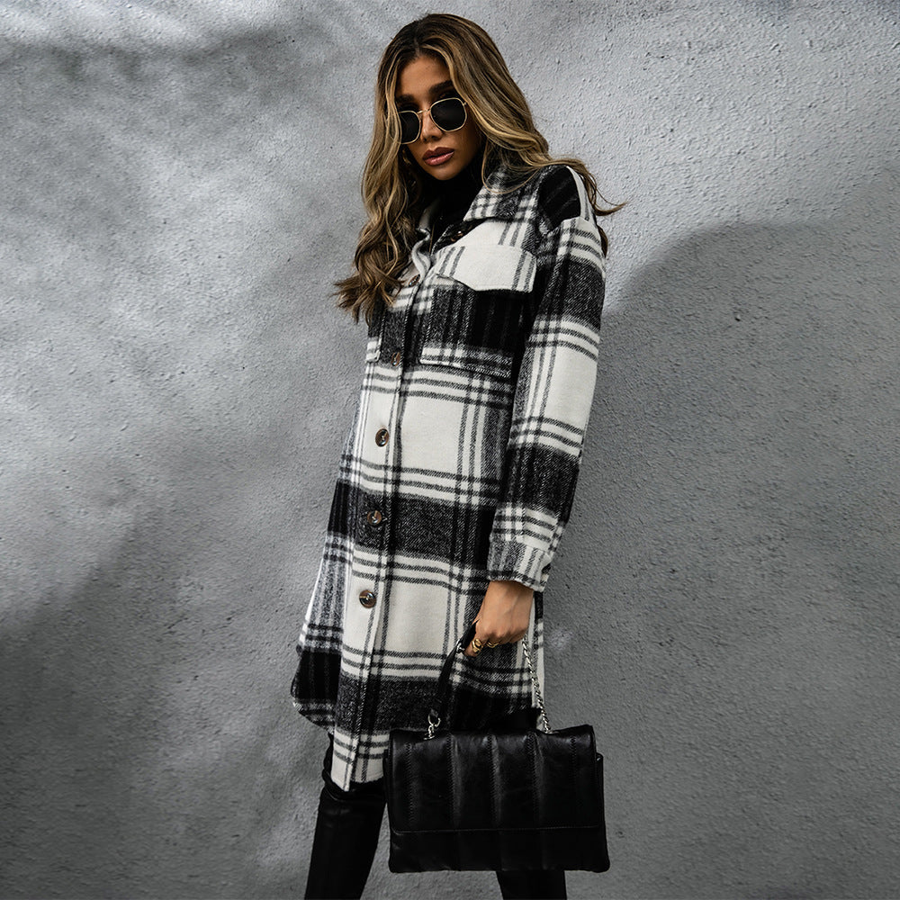 Plaid Wool Coat Single Row Button Long Winter Jacket