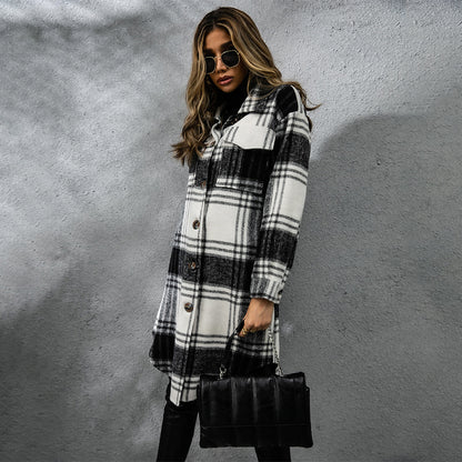 Plaid Wool Coat Single Row Button Long Winter Jacket