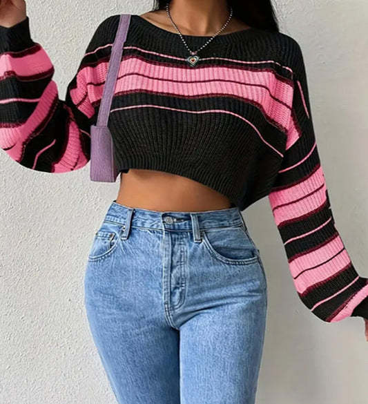 Block Striped Cropped Sweater Crew Neck Lantern Sleeve