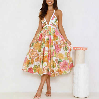 Floral Swing Dress V-Neck Lace-Up Summer Vacation Dress