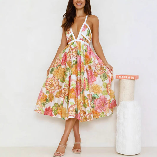 Floral Swing Dress V-Neck Lace-Up Summer Vacation Dress