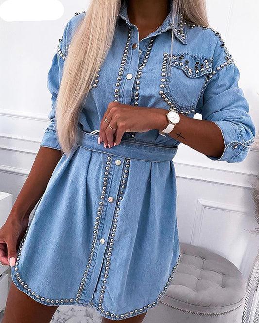Blue Denim Dress With Pearl Embellishments