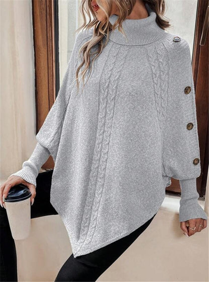 Turtleneck Batwing Shirt Long Sleeve Top with Decorative Buttons
