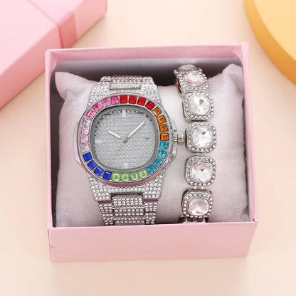 Square Quartz Watch Full Diamond Inlaid Color Stones with Steel Belt Box